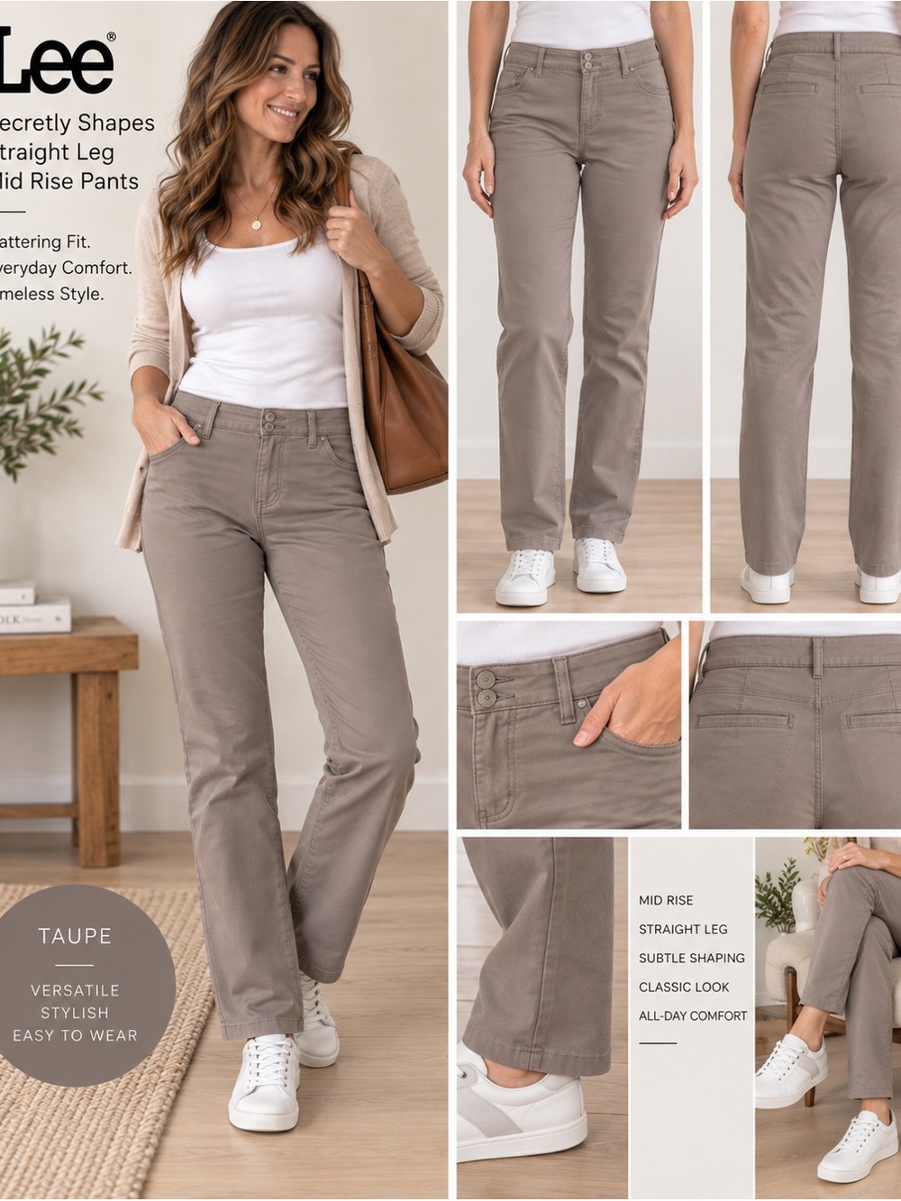 Lee Secretly Shapes Straight Leg Mid Rise Taupe Pants